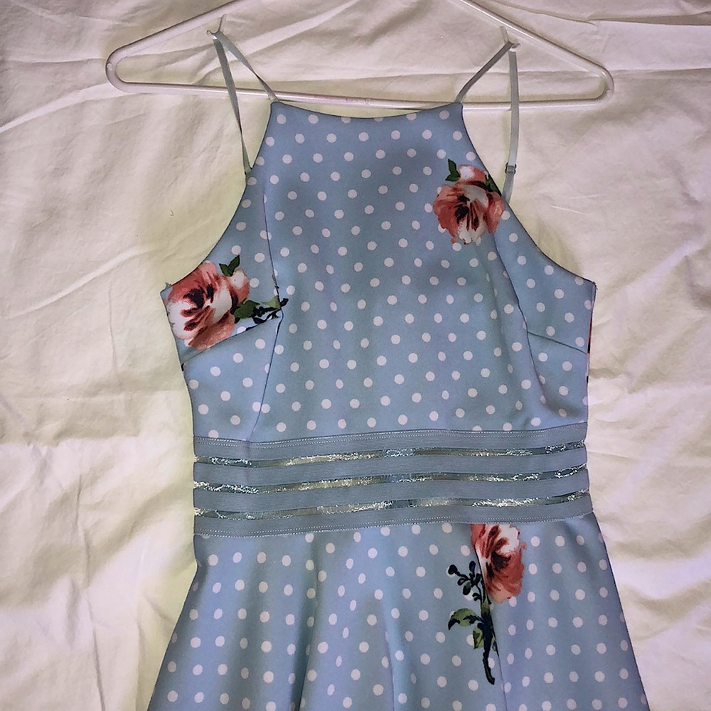 Light Blue Floral and Polka Dot Halter Top Dress